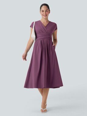 Halara Breezeful Midi Dress Small Amaranth V Neck A-Line Pockets NWT